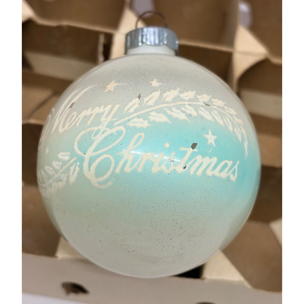 Vtg Shiny Brite Opaque Blue White Ombre Merry Christmas Stenciled Ornament